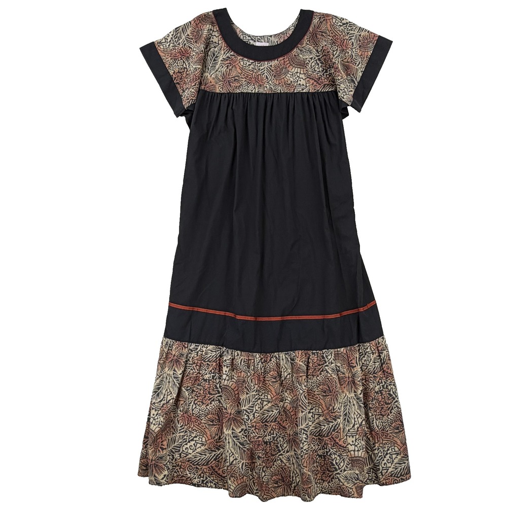 Good Times Hawaii Dress Womens Large Black Batik Ruffle Trapeze Muumuu Maxi